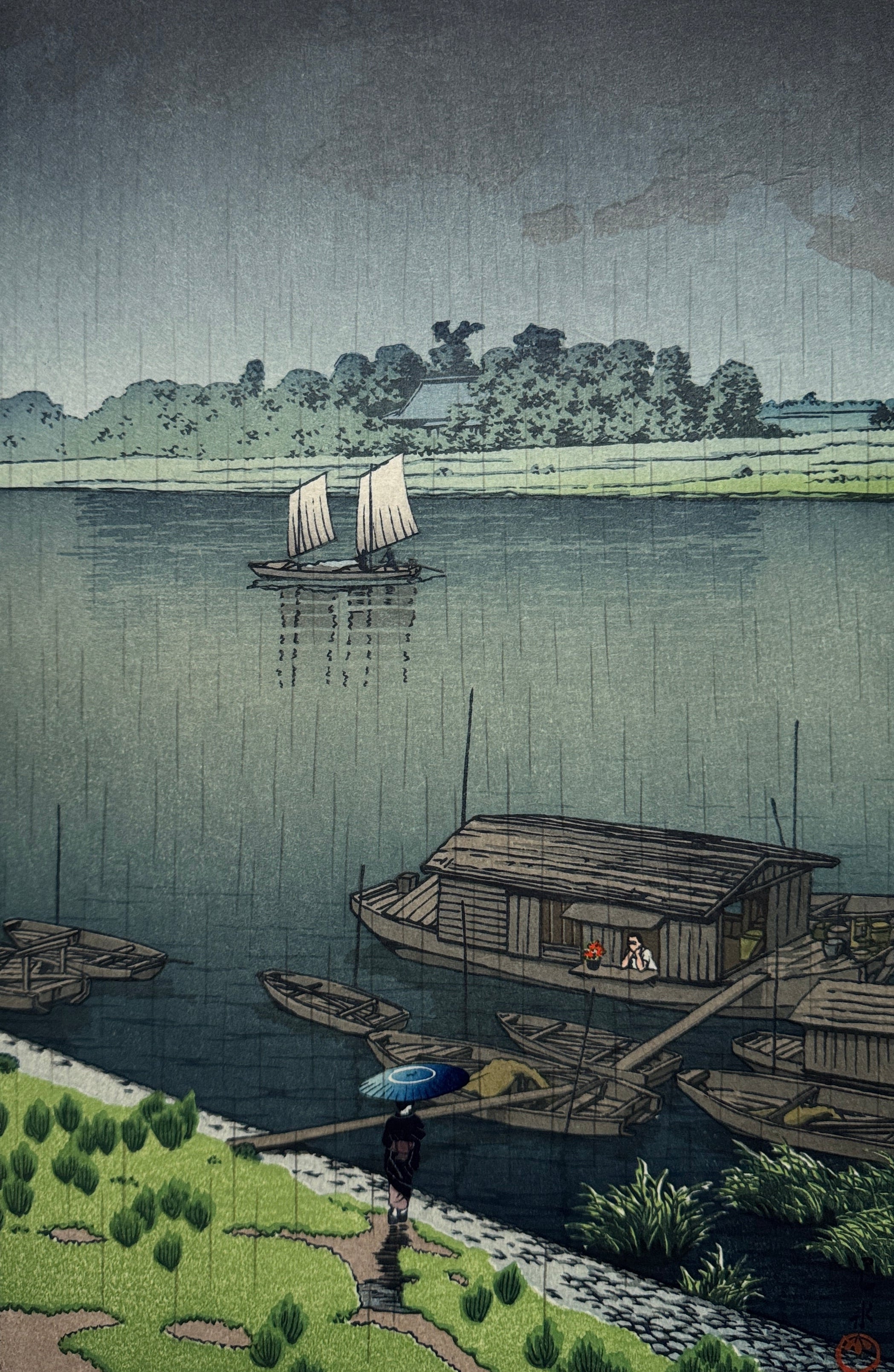 川 芸術作品 真作保証】川瀬巴水 五月雨(荒川) Kawase Hasui Japanese woodcut