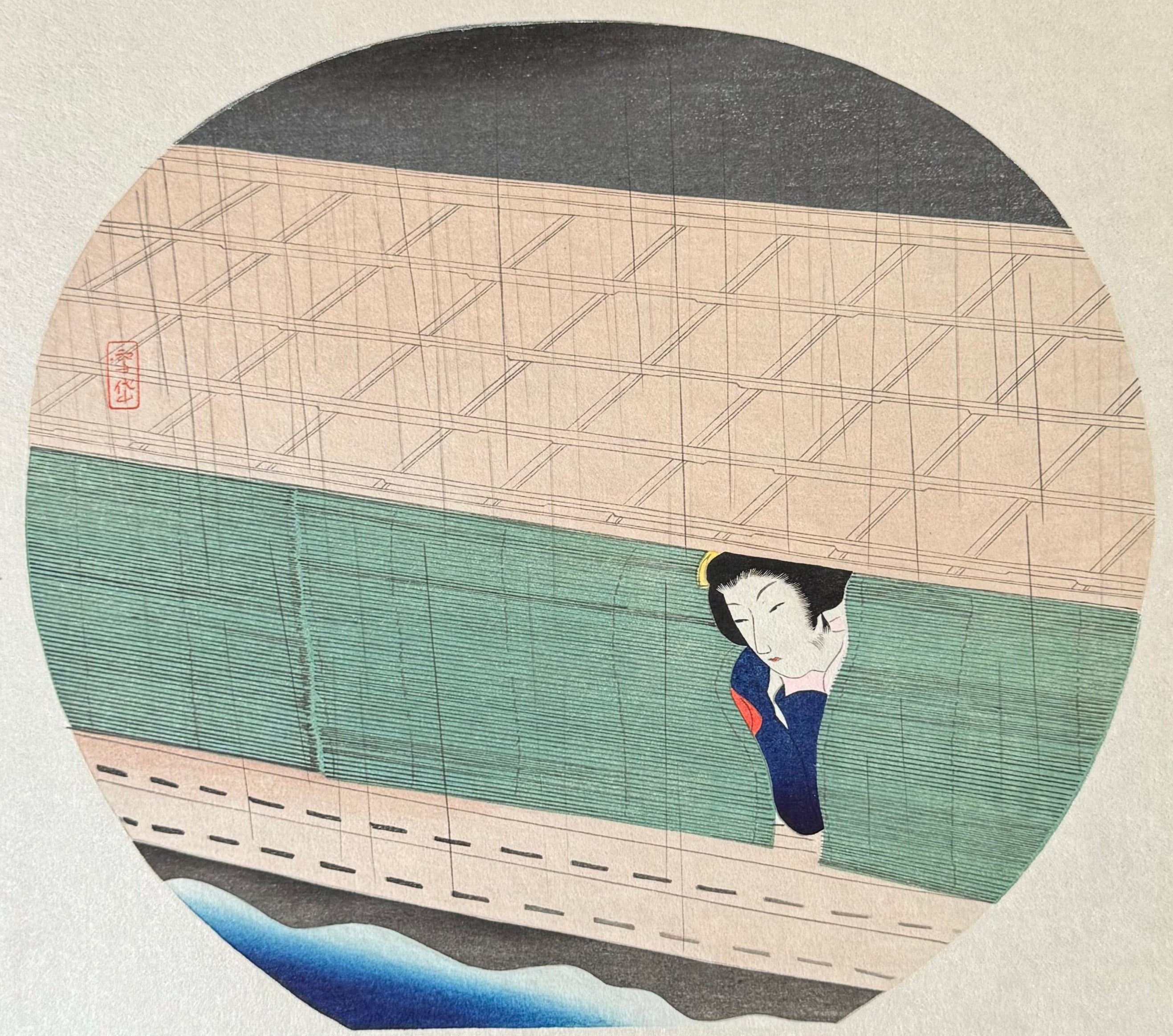 真作保証】小村雪岱 うちわ八佳 夜雨 木版画 Komura Settai japanese