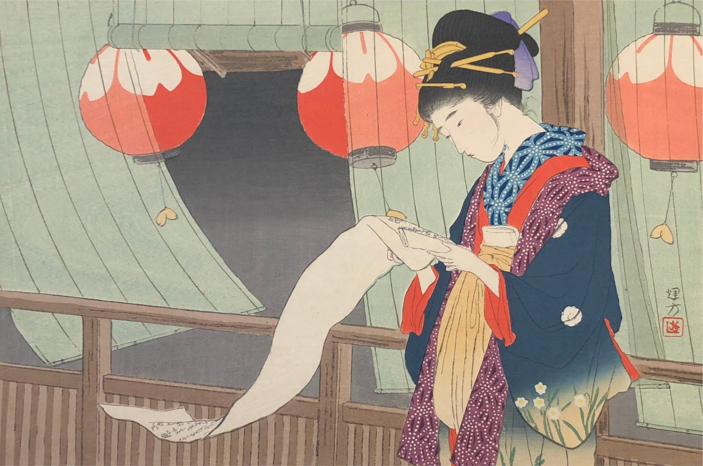 池田輝方 日本画 肉筆『お七』サイン(印譜) 画廊シール F8号 額装 b370