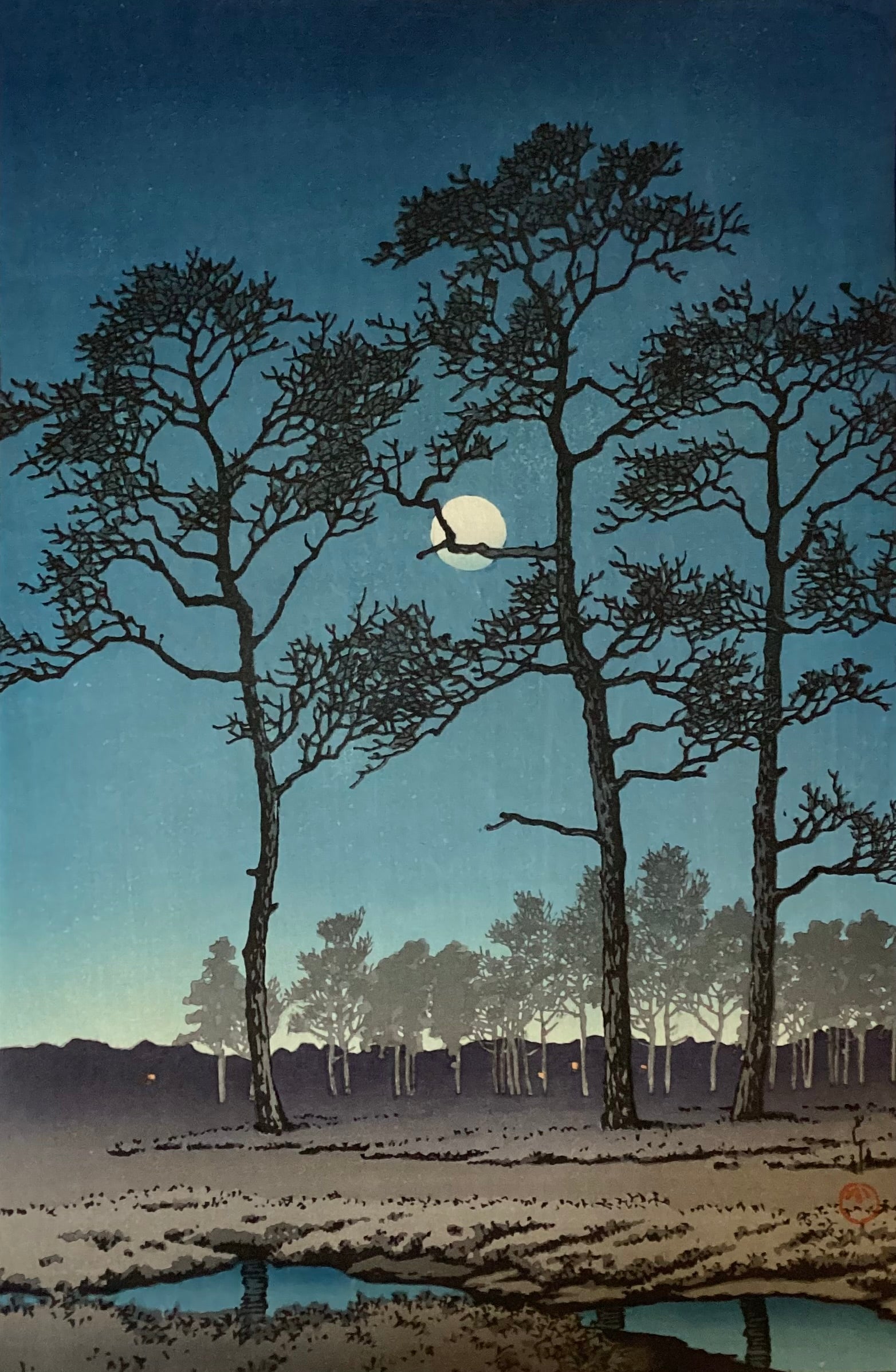 川瀬巴水 「冬の月 戸山が原」 昭和6年 木版画 真作