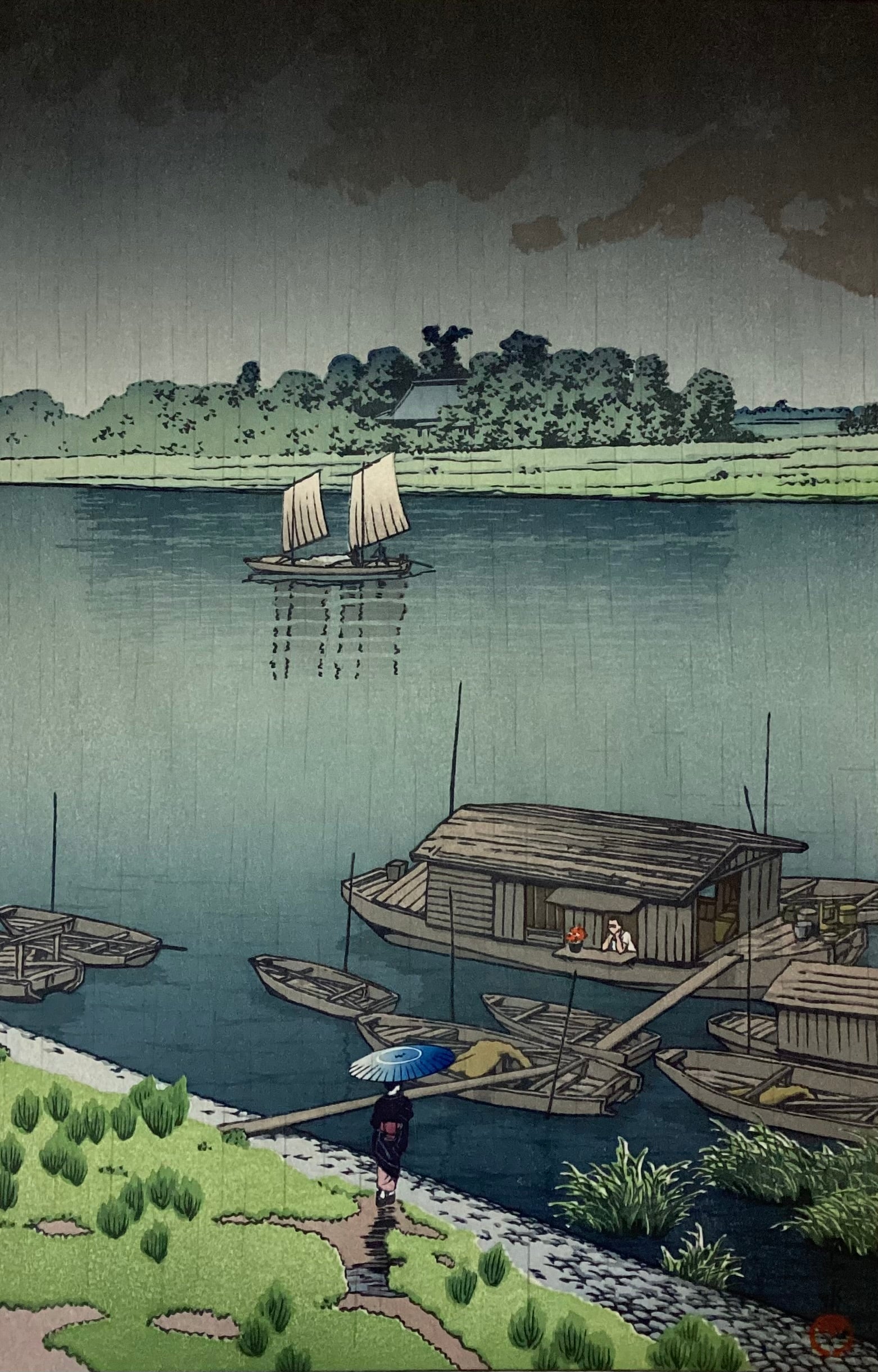 真作保証】川瀬巴水 五月雨(荒川) A Kawase Hasui Shinhanga