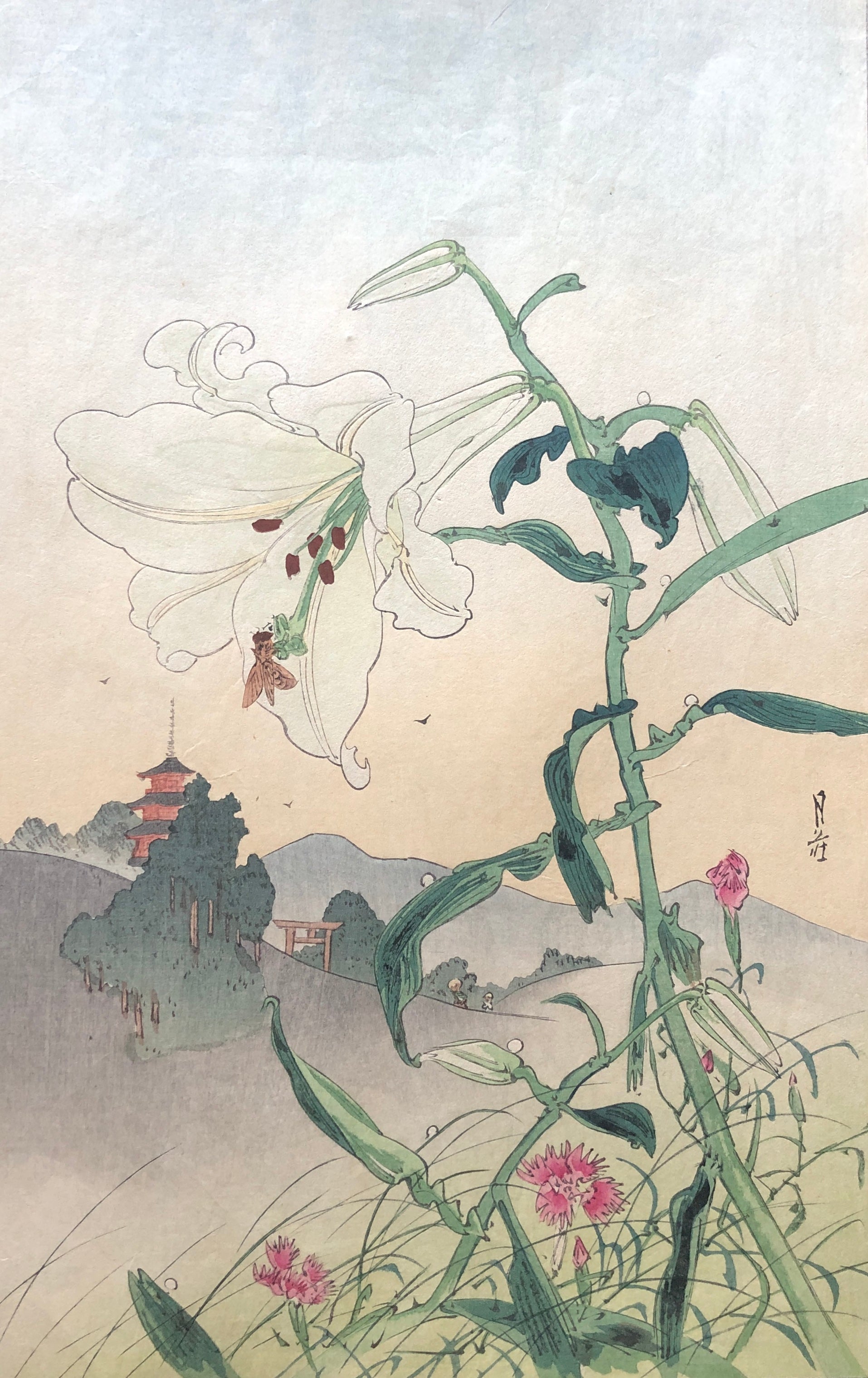 真作保証】吉本月荘 短冊 風景画 月夜 桜 木版画 明治 庄田耕峯