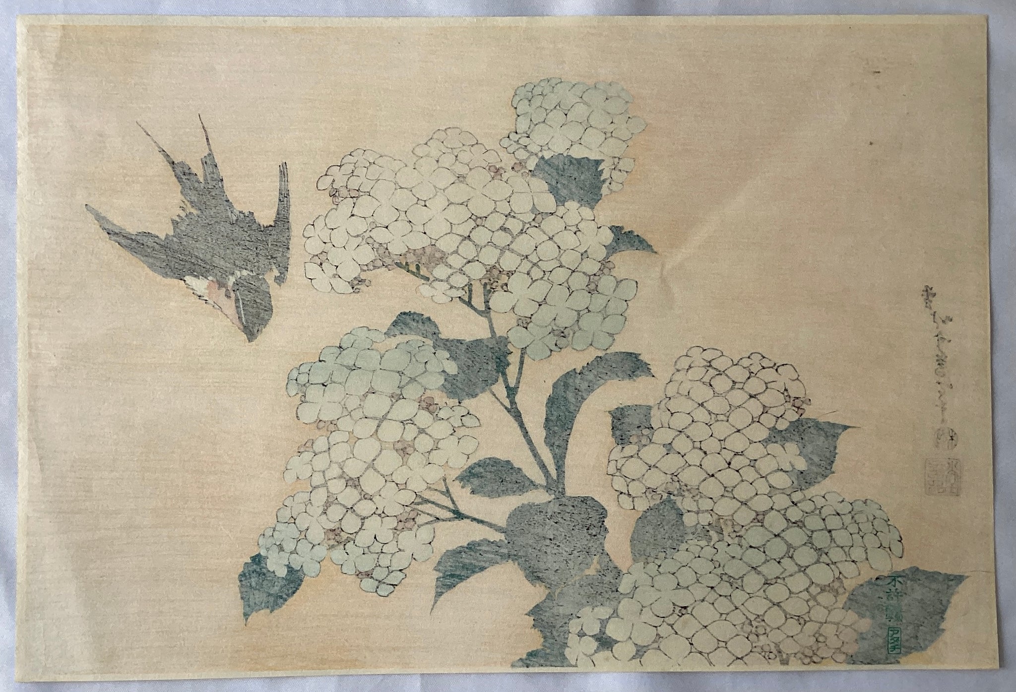 ★紫陽花★ 油絵 静物画「あじさい」F4号 浅野博 Hiroshi.A 額装付 葛飾北斎 紫陽花に燕 復刻版 Katsushika Hokusai Japanese woodcut