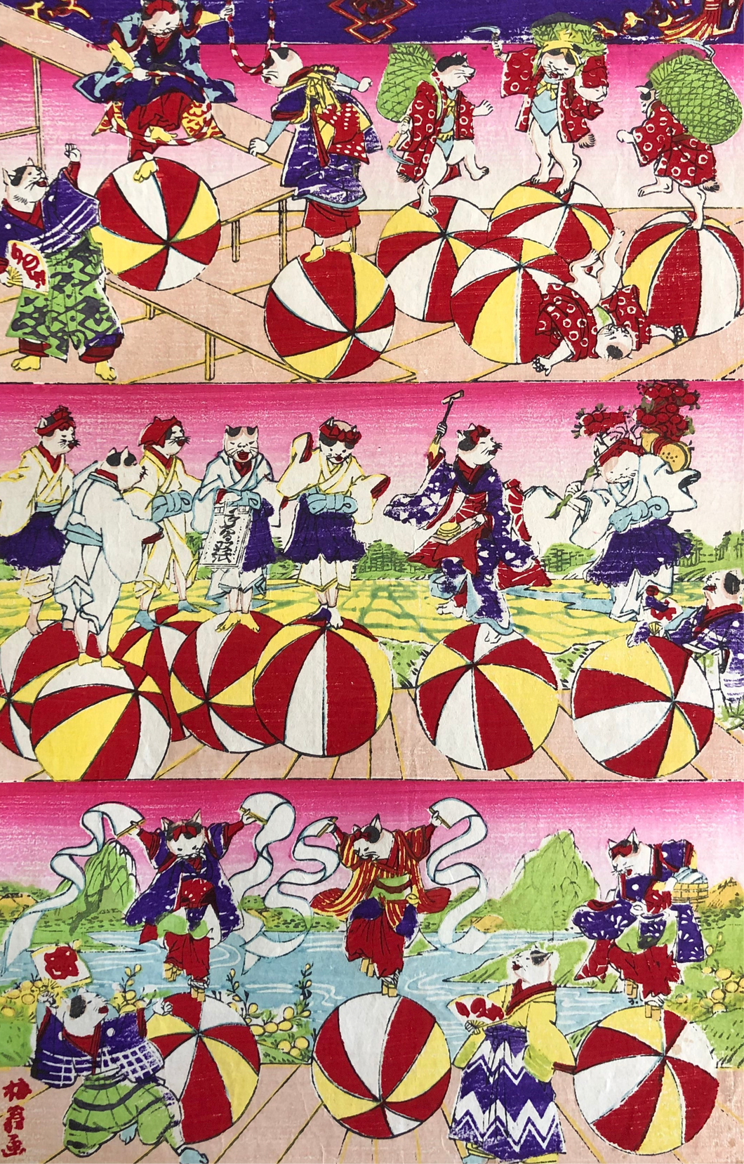 おもちゃ絵 (猫の玉乗り、サーカス)明治 Omochae Meiji Original おもちゃ絵 (猫の玉乗り、サーカス)明治 Omochae Meiji Original