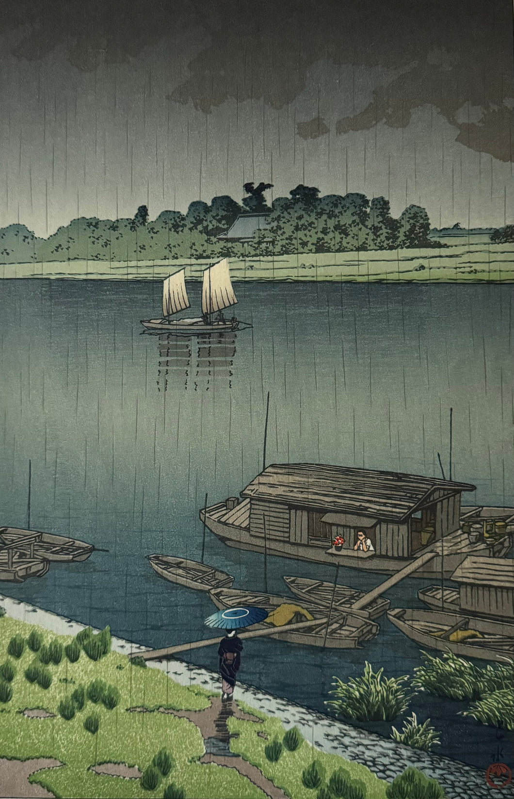 【真作保証】川瀬巴水　五月雨(荒川)　