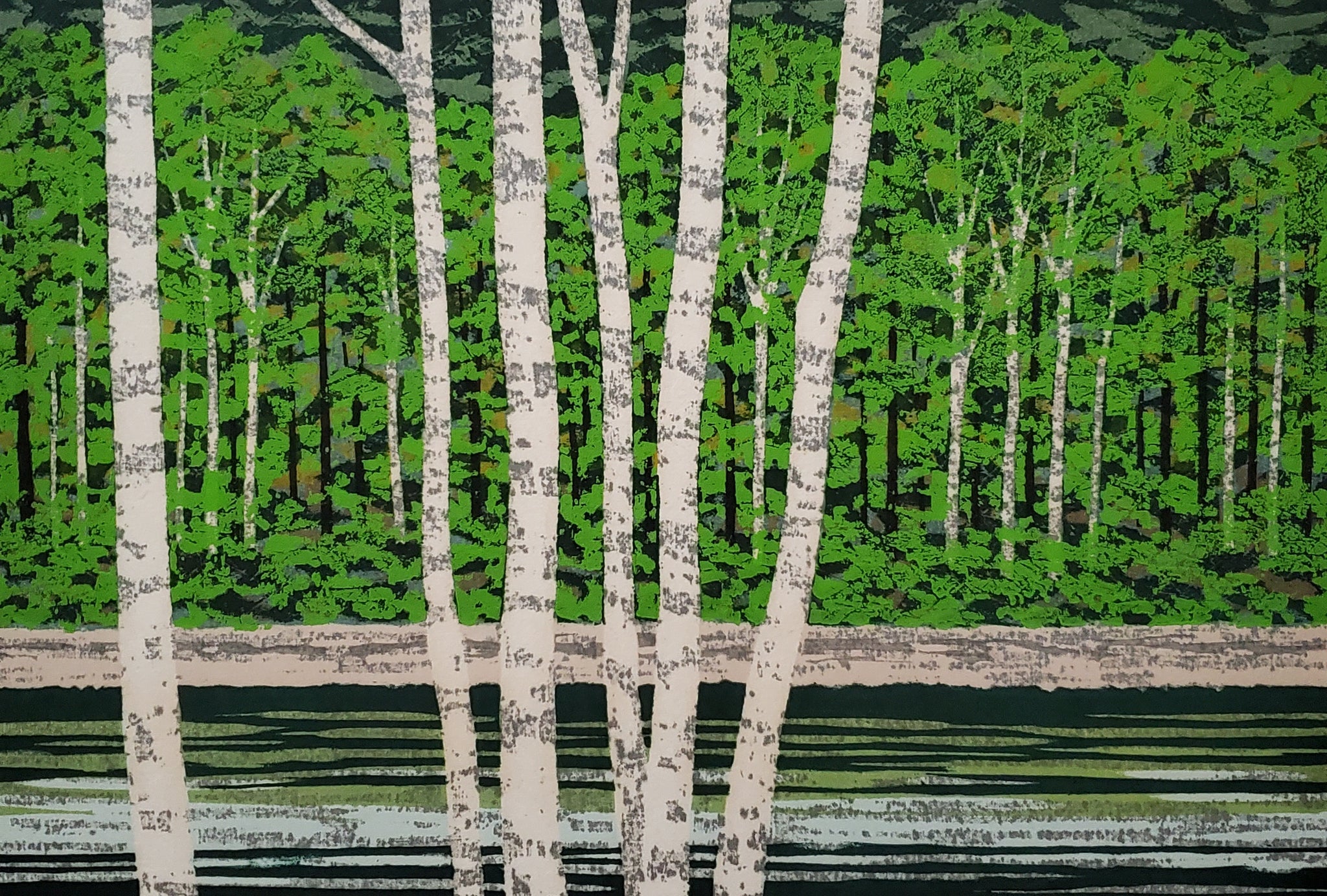 真作保証】藤田不美夫 青葉の川C Fujita Fumio japanese woodcut