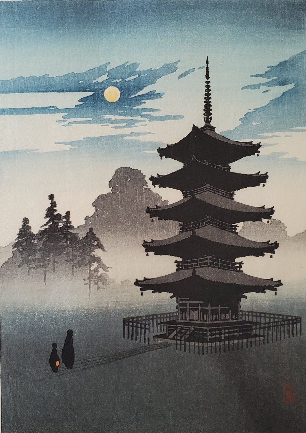 【真作保証】小林永二郎　Pagoda by Moonlight