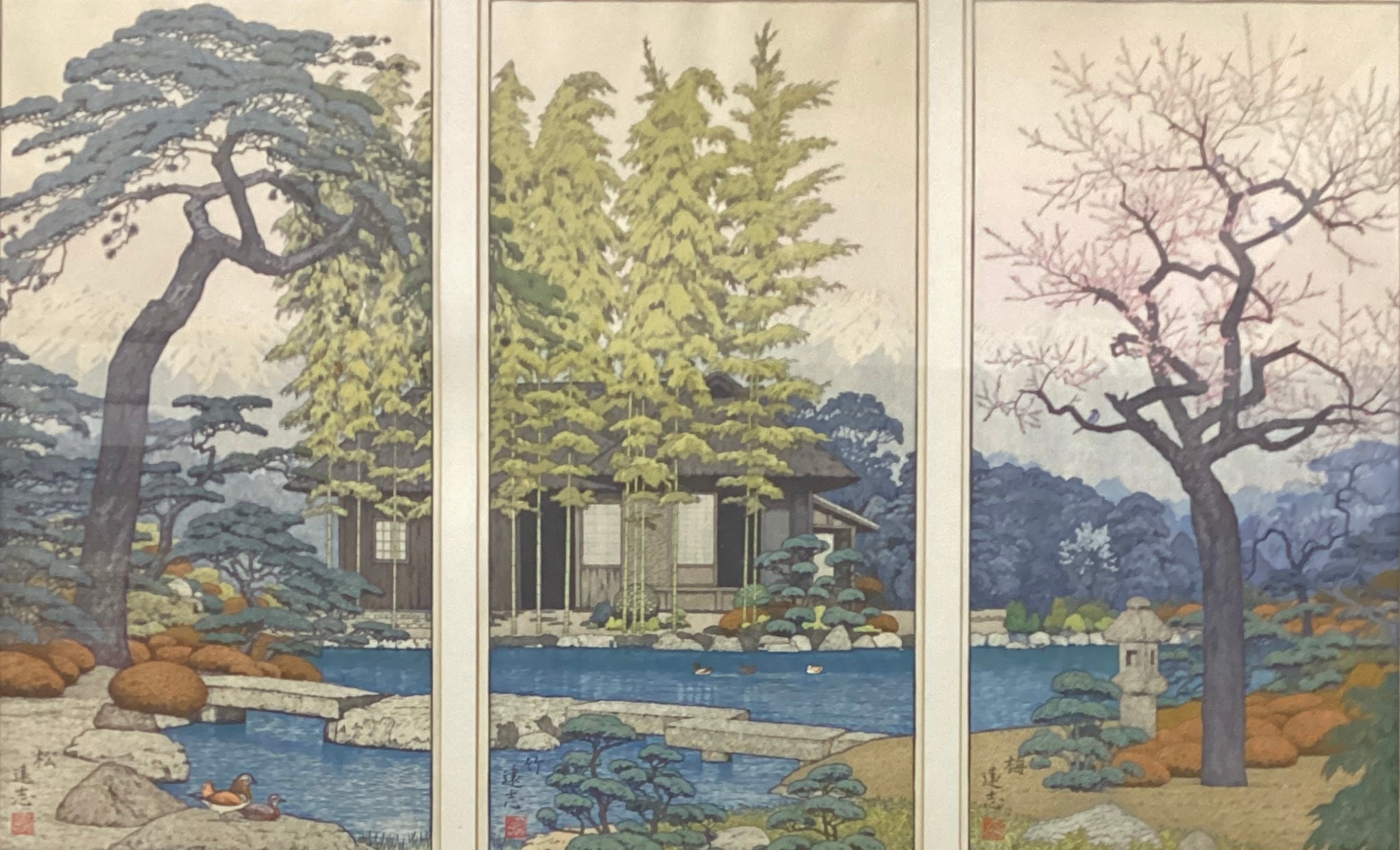 3-1044 吉田遠志 皐月 木版画 額装 花鳥 藤の花 フランクリン画廊 額縁 吉田 遠志 「皐月-藤の花とノビタキ」 Toshi Yoshida - 創業36年