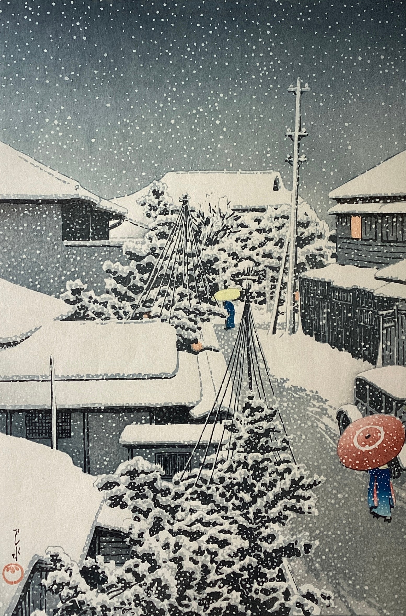 川瀬巴水 「船堀の雪」 昭和7年 木版画 状態(優良) 本物保証 後摺 川瀬
