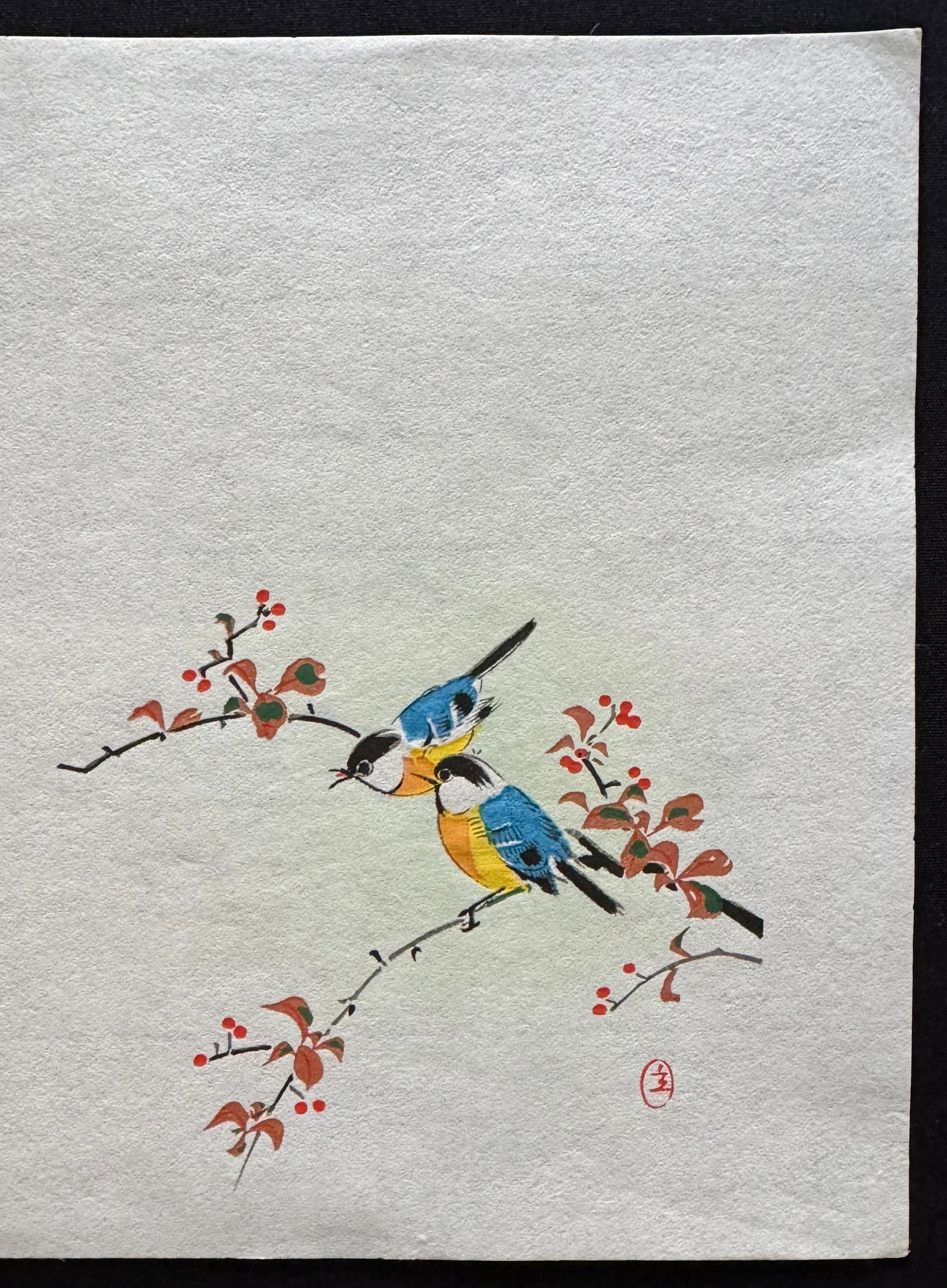 真作保証】作者不詳 小鳥と赤い実 木版画 花鳥画 小判 Unknown