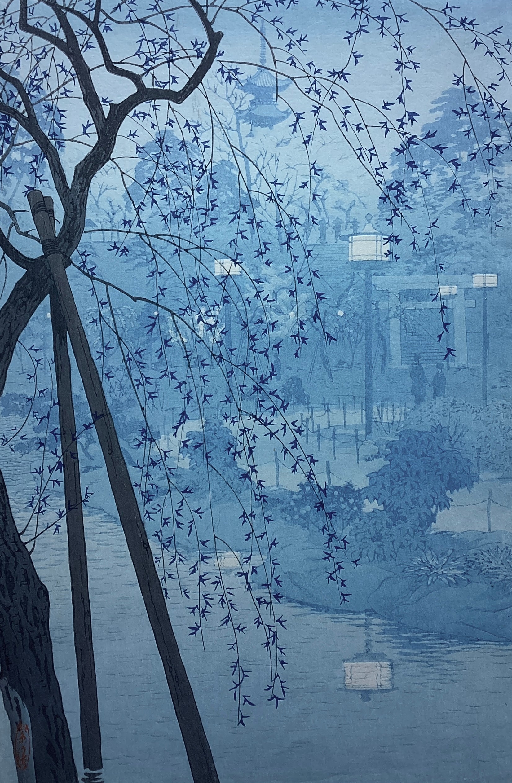 真作保証】笠松紫浪 霞む夕べ 不忍池畔 Kasamatsu Shiro japanese