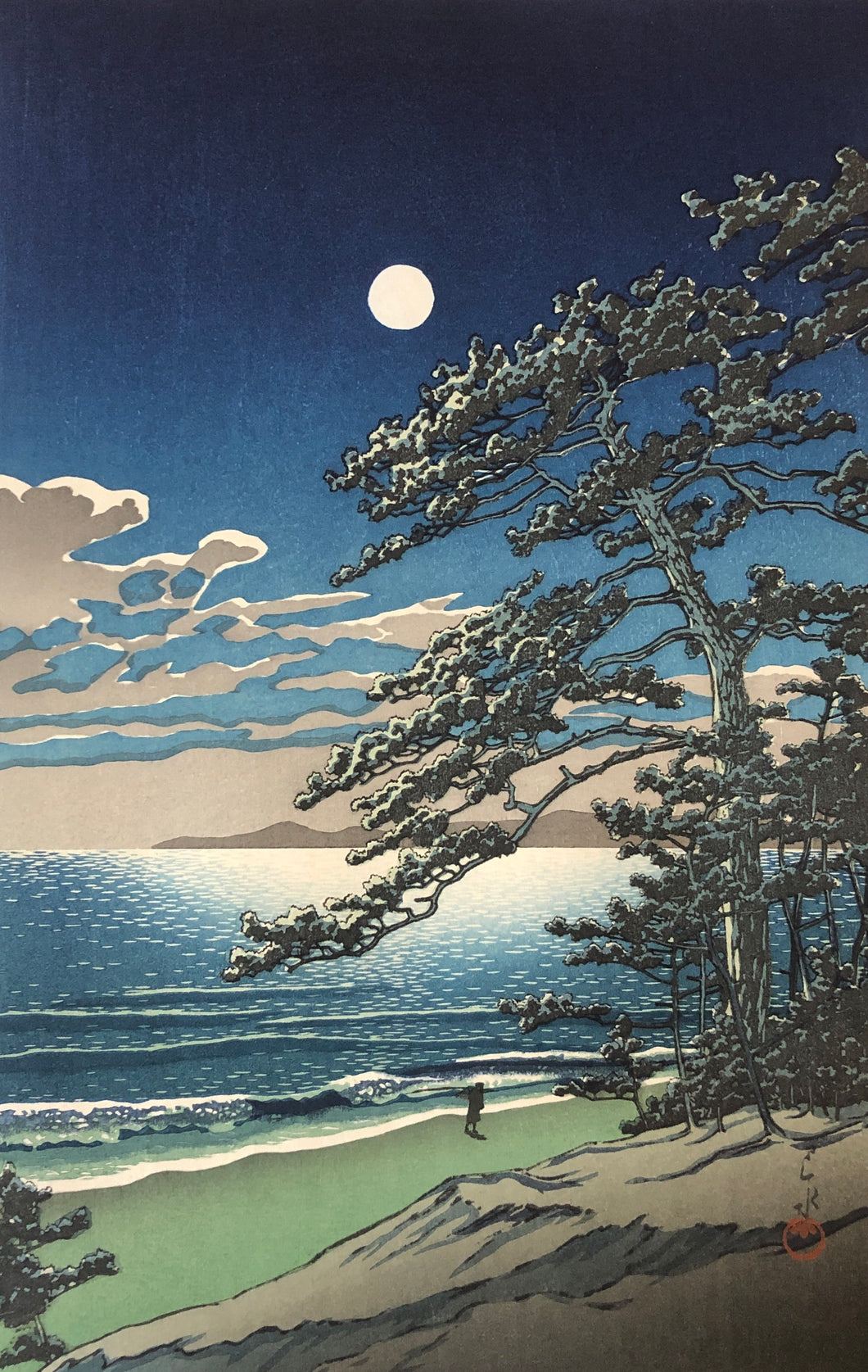 【Guaranteed genuine】 Kawase Hasui,  Winter moon over Toyama plain, 1931