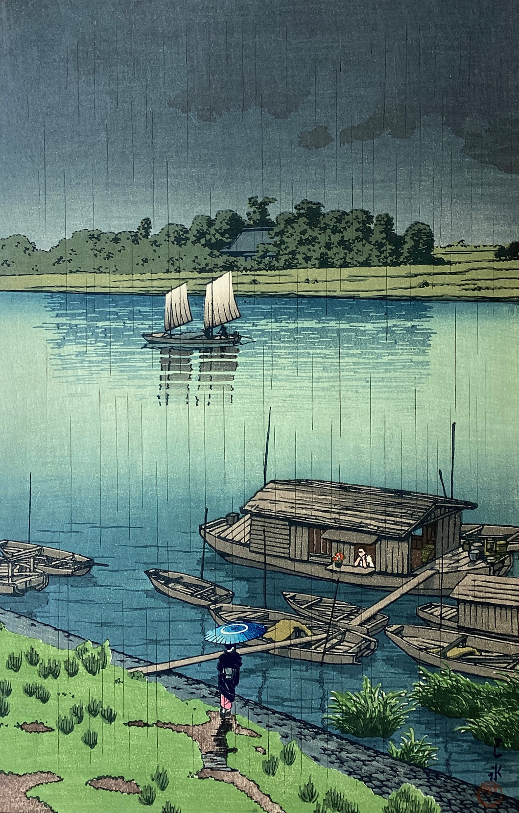 【真作保証】川瀬巴水　五月雨(荒川)　