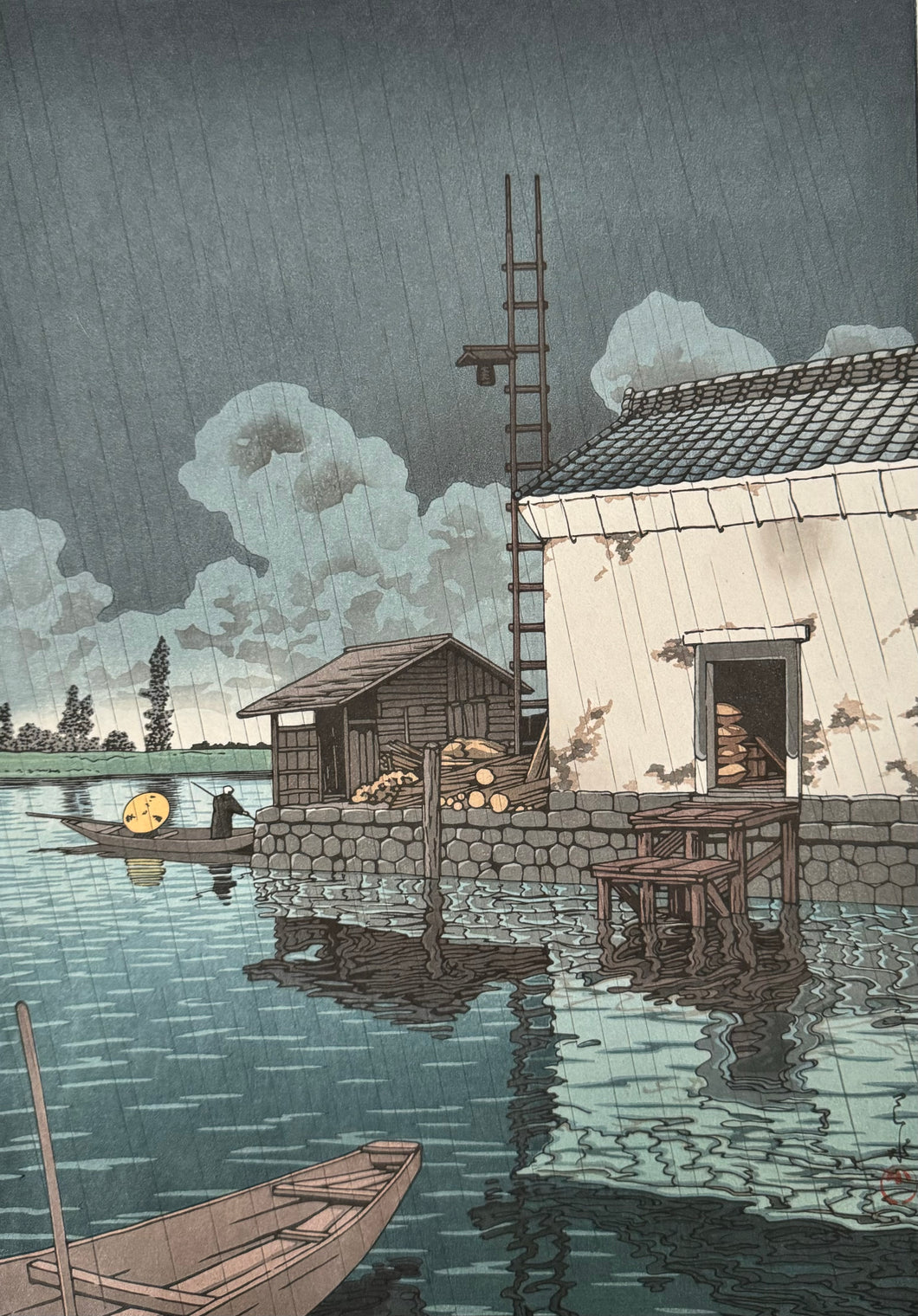 【真作保証】川瀬巴水　雨の牛堀
