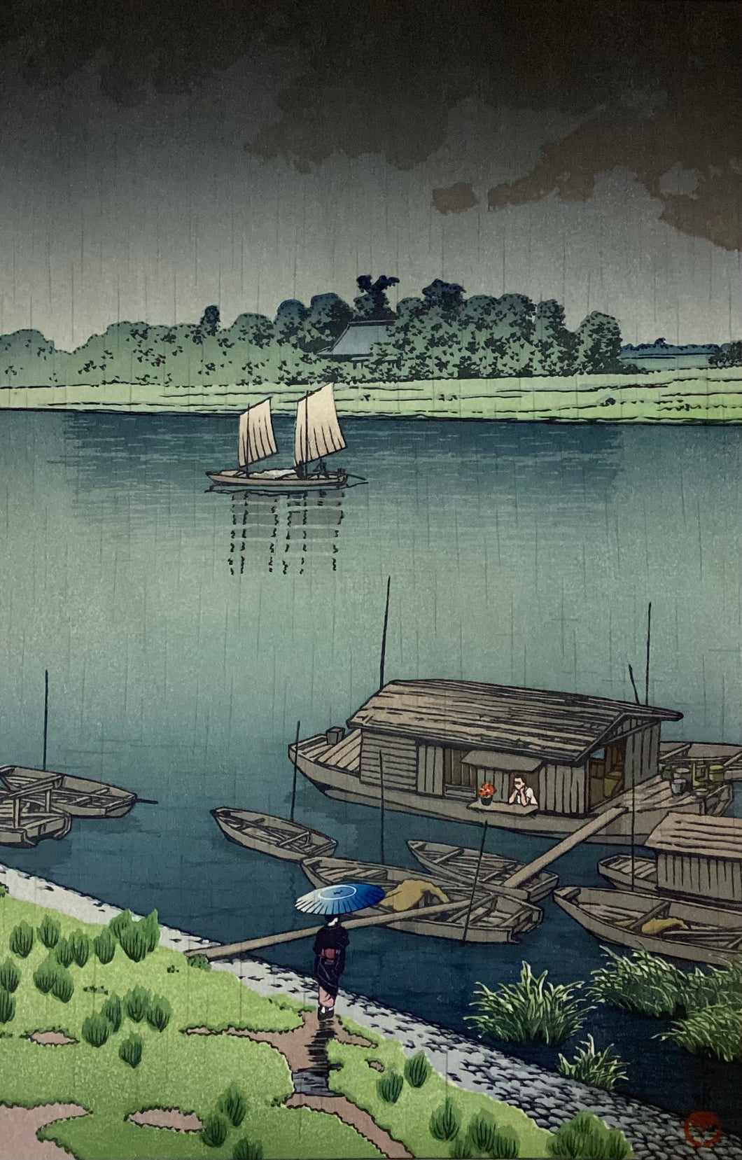 【真作保証】川瀬巴水　五月雨(荒川)　