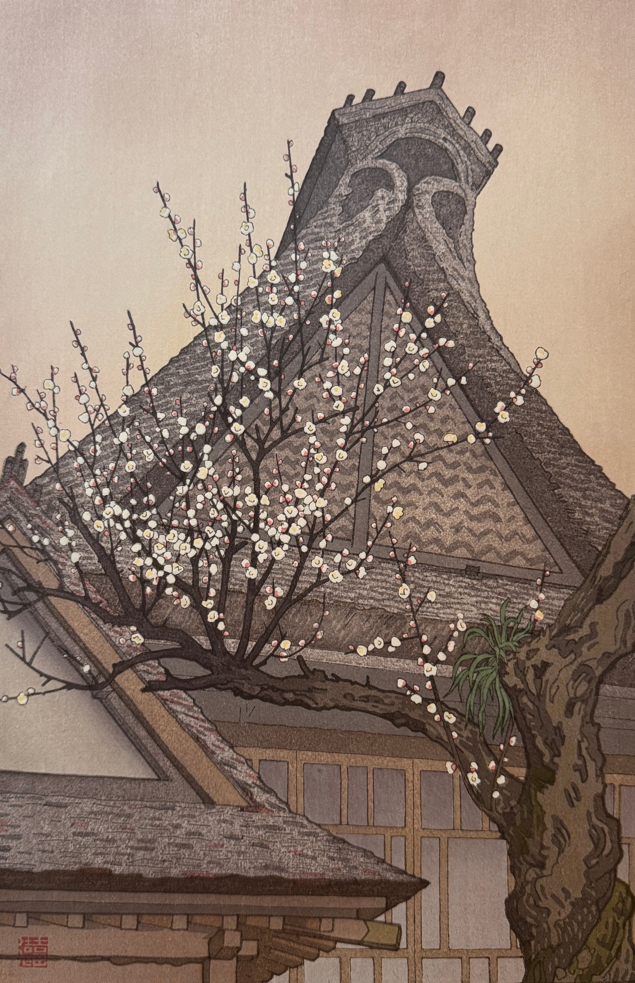 真作保証】吉田遠志 白梅 Yoshida Toshi white plum japanese woodcut