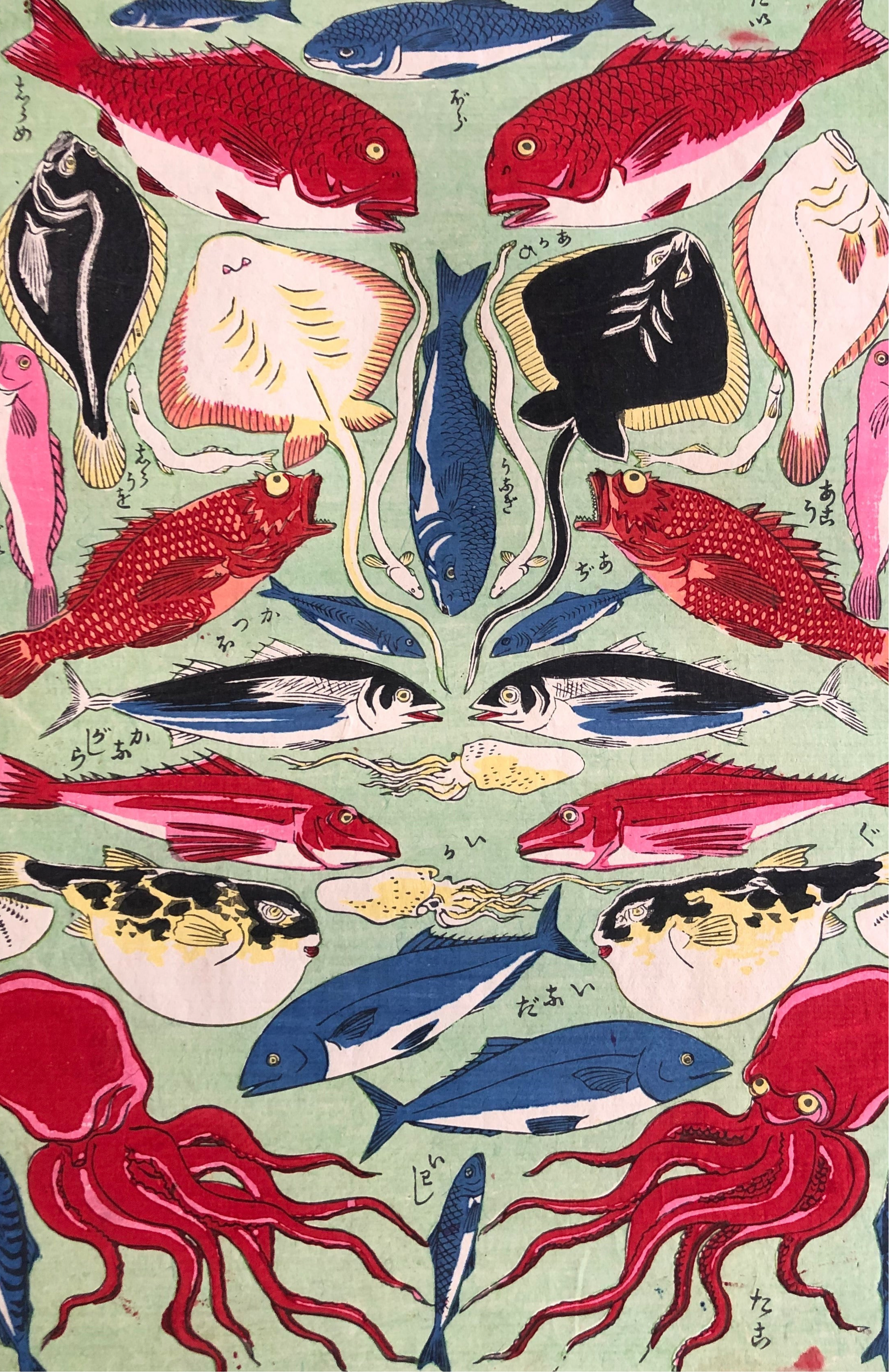 おもちゃ絵 教育魚合セ （たい、ぼら、うなぎ、いなだ、いわし）明治