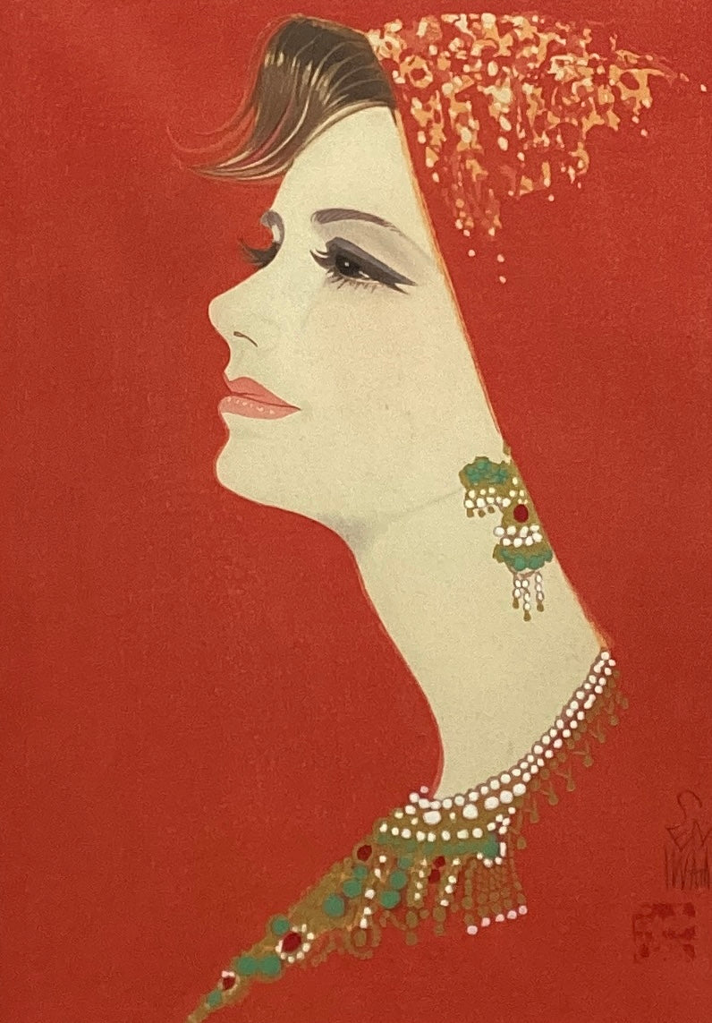 岩田専太郎 くれない Iwata Sentaro Japanese woodblock print framed