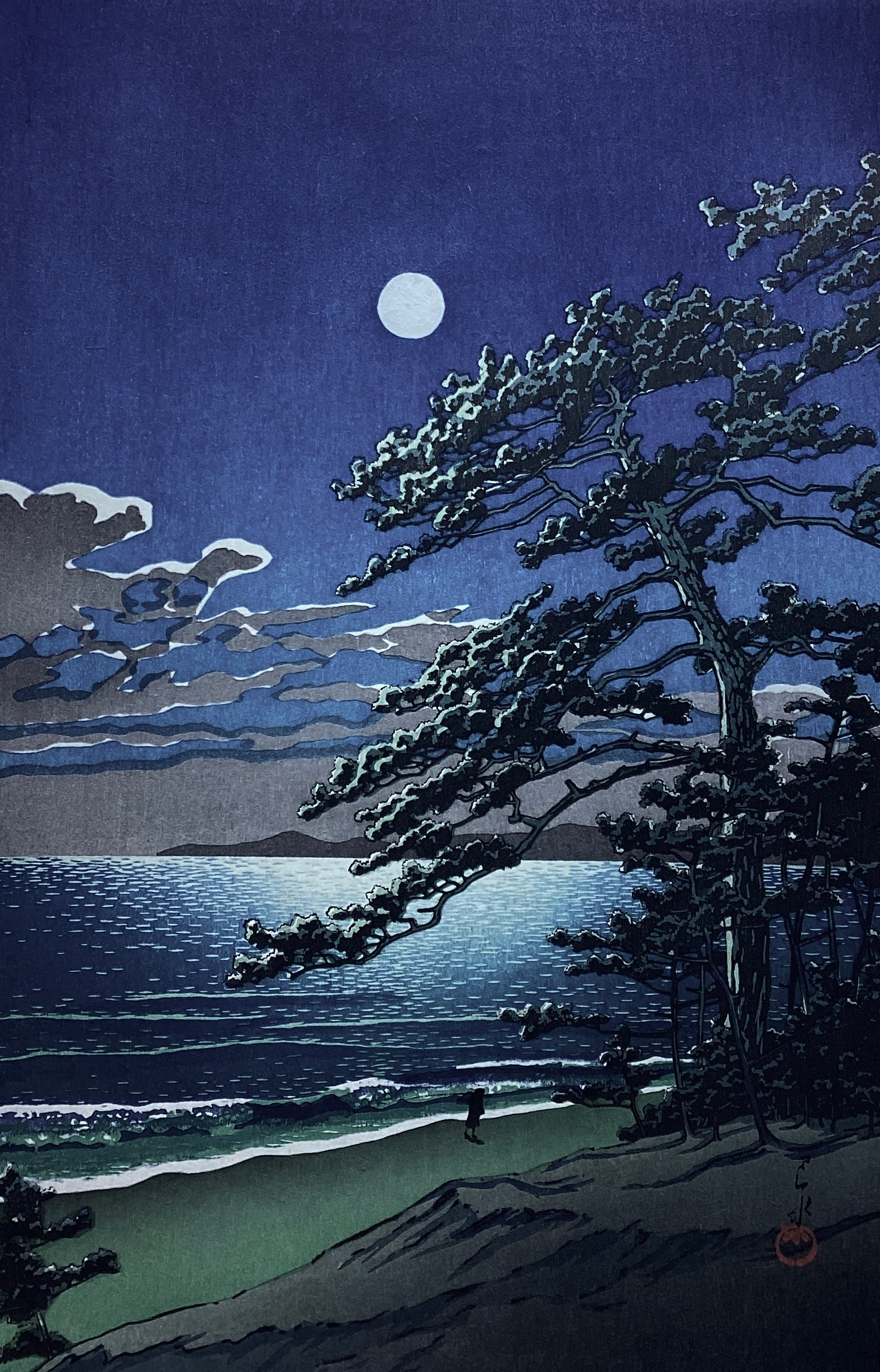 真作保証】川瀬巴水 春の月(二宮海岸) Kawase Hasui Shinhanga spring