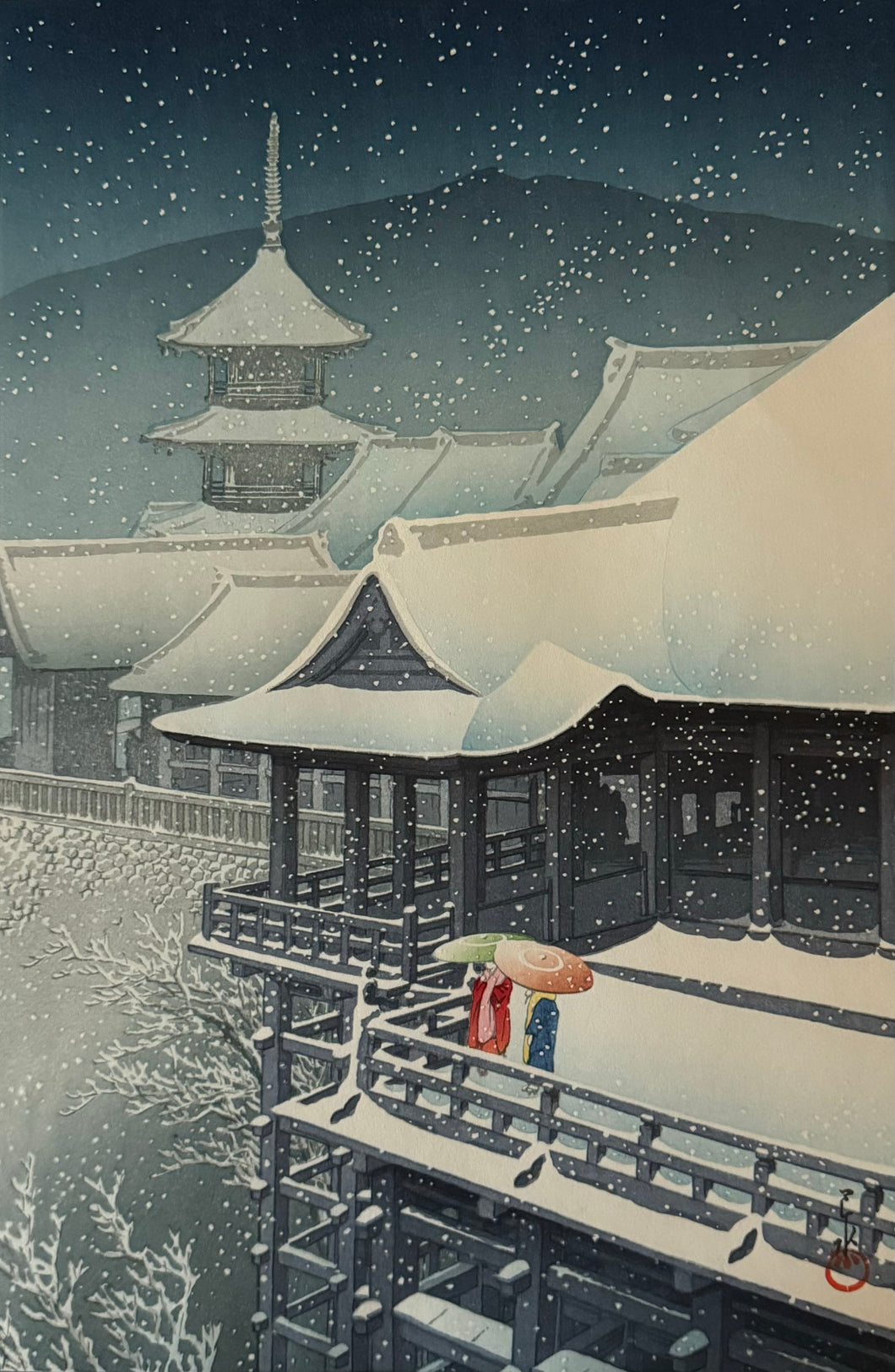 【真作保証】川瀬巴水　春の雪(京の清水)　
