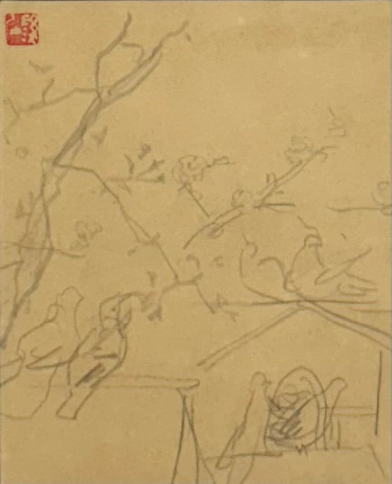 【真作保証】富田渓仙　桜ニ鳩図　デッサン　