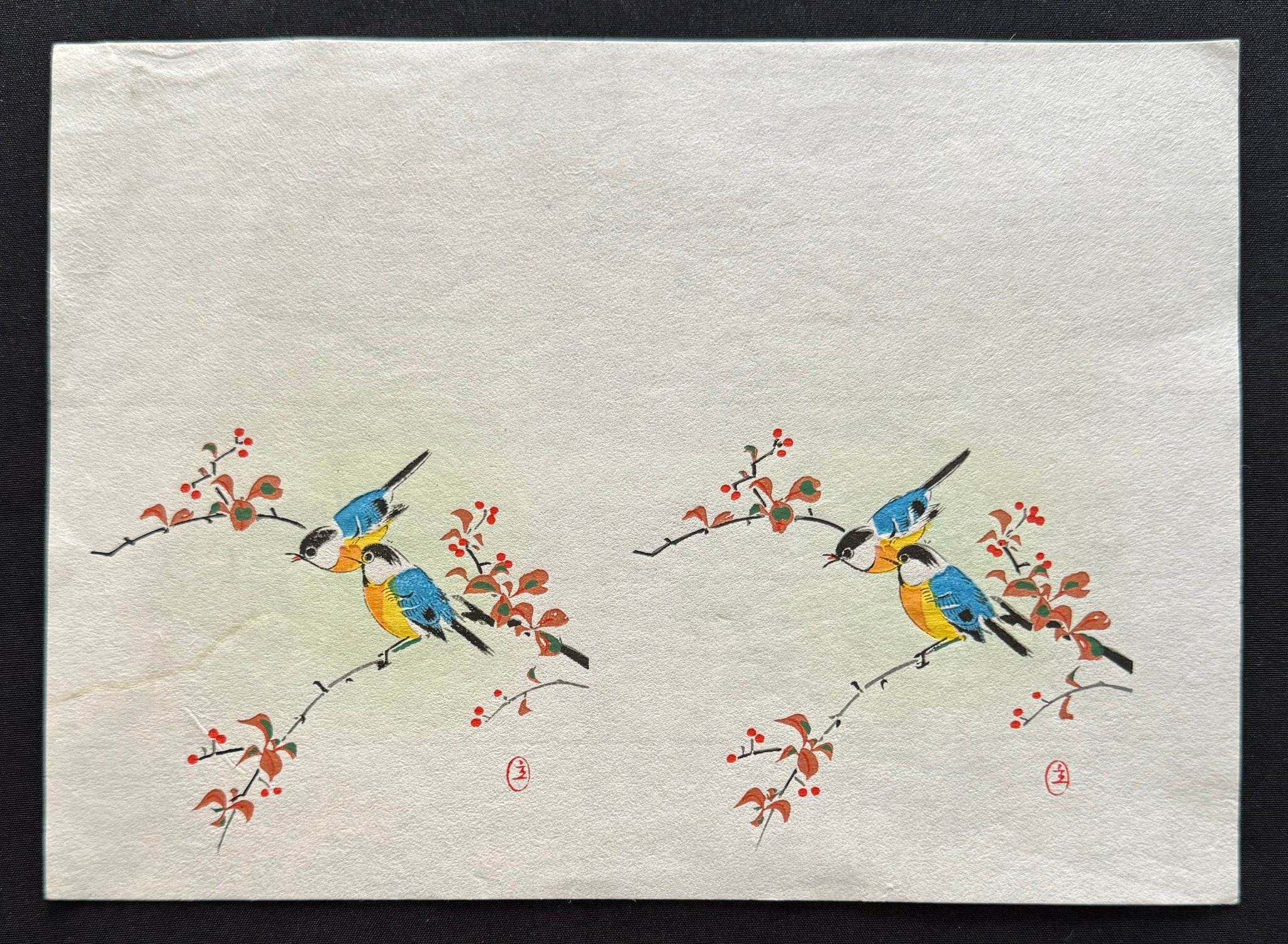 真作保証】作者不詳 小鳥と赤い実 木版画 花鳥画 小判 Unknown