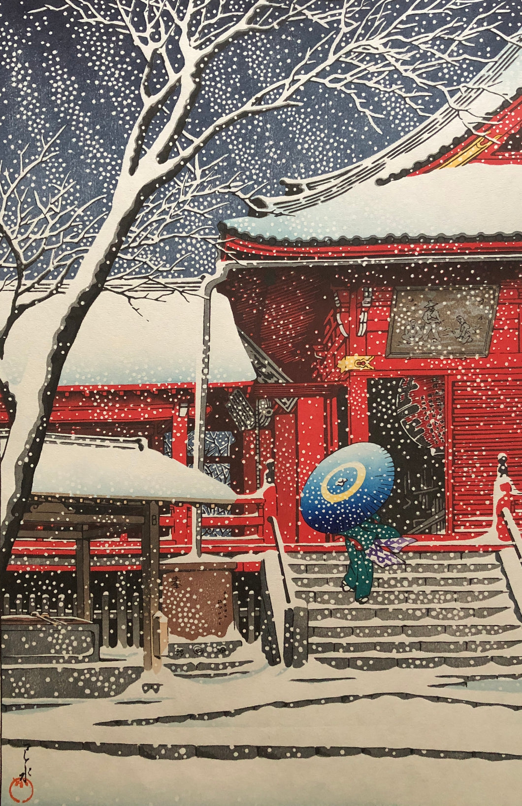 【Guaranteed genuine】Kawase Hasui, Snow at Kiyomizu Hall, Ueno 1929