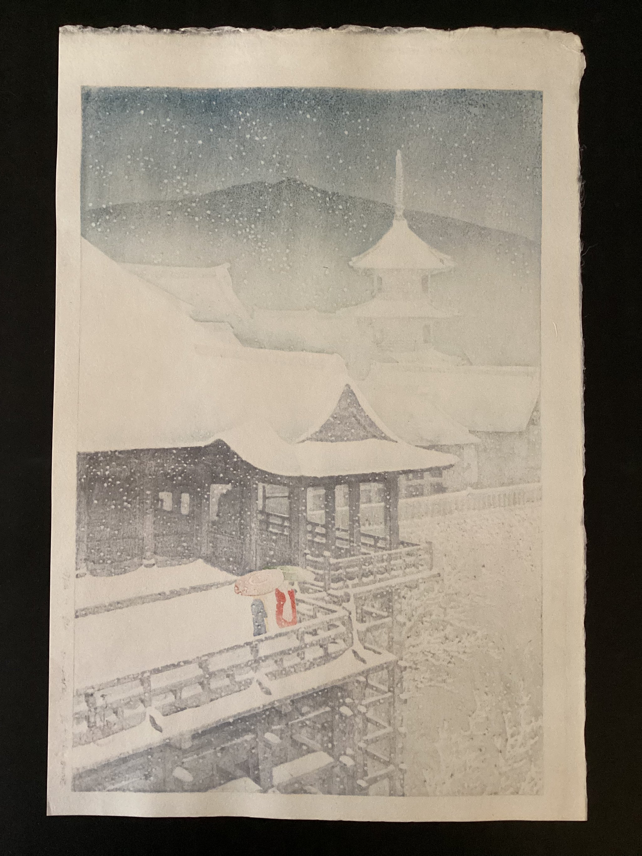 新版画　川瀬巴水　木版画 春の雪(京の清水) 川瀬巴水「春の雪の暮雪 京の清水」昭和7年（1932）作 初摺り木版画