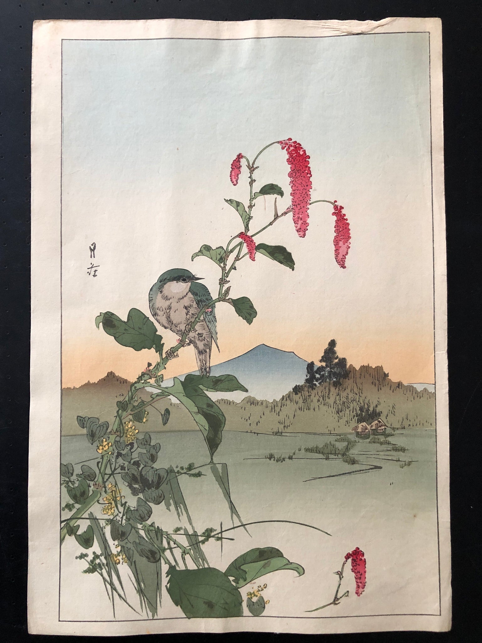 １２【真作保証】吉本月荘 花鳥画 Yoshimoto Gesso woodblock