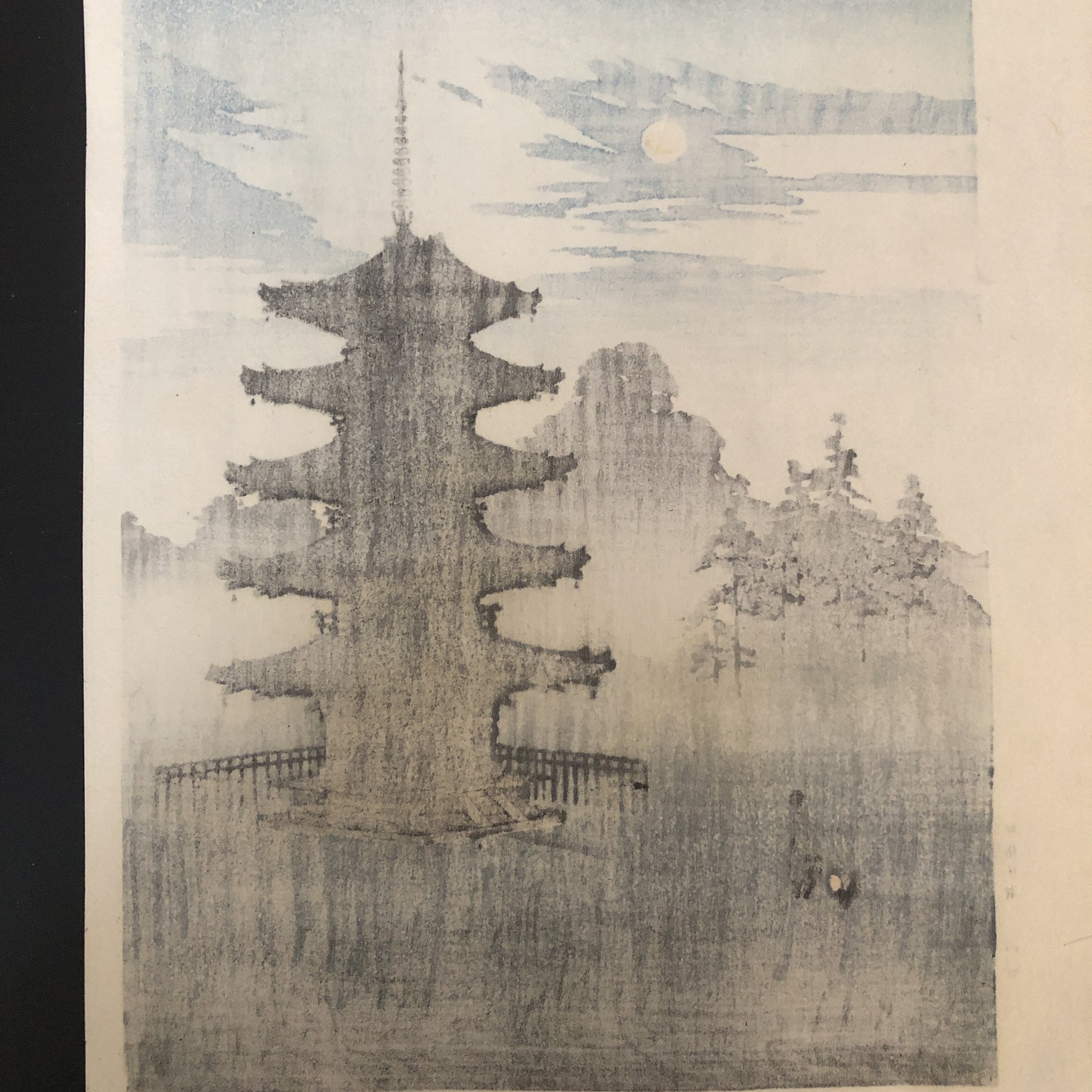 古油彩賓月肉筆画 日本画「古都 桜」五重塔 月夜 金、岩絵の具肉筆