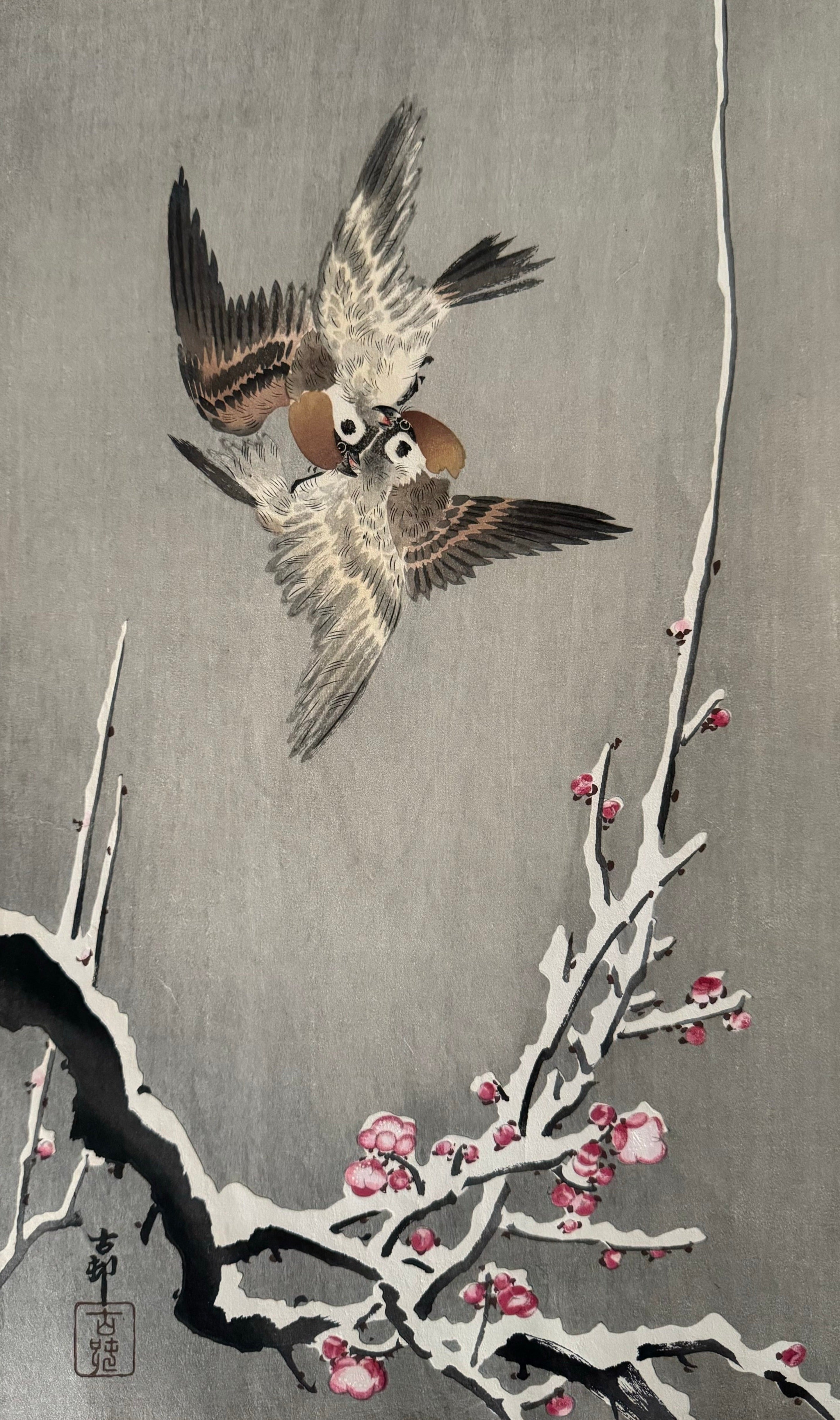 小原古邨 祥邨 豊邨 『梅に鶯』 明治後期作 木版画 真作 美品 鳥 ウグイス