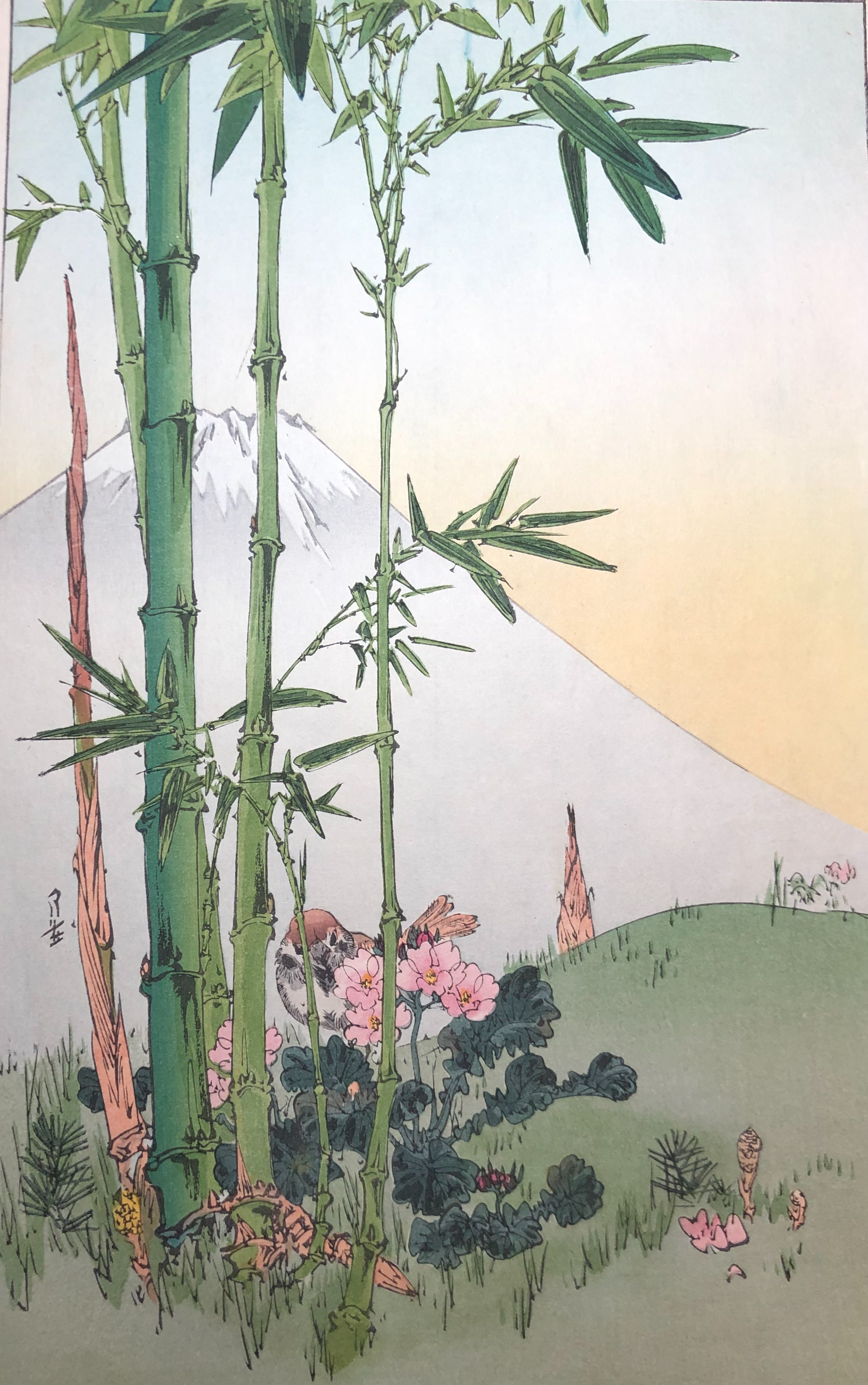 真作保証】吉本月荘 短冊 風景画 月夜 桜 木版画 明治 庄田耕峯